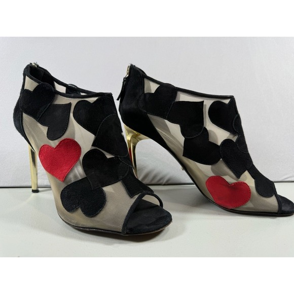 Diane Von Furstenberg Shoes - Diane von Furstenberg Black and Red Heart Suede Mesh Peep Toe Stiletto Heels Siz